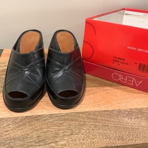 Aerosols black leather peep toe mules (Tia Donna)-size 8-like new